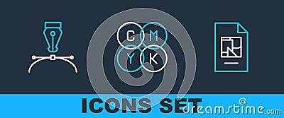 Set line File document, Fountain pen nib and CMYK color mixing icon. Vector Stock Photo