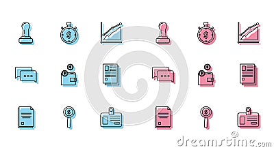 Set line File document, Magnifying glass and dollar symbol, Stamp, Identification badge, Wallet with coins, Speech Vector Illustration