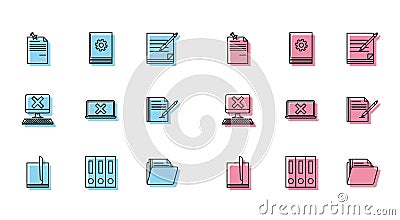 Set line File document, Office folders with papers and documents, Note pinned pushbutton, Document, Laptop cross mark Vector Illustration