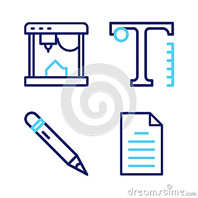 Set line File document, Pencil with eraser, Text and 3D printer icon. Vector Stock Photo