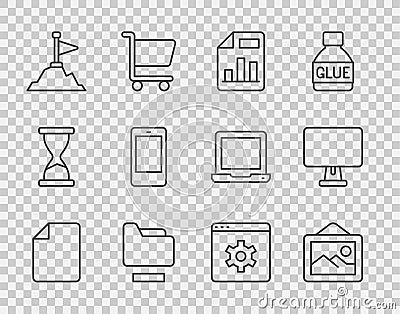 Set line File document, Picture landscape, Document with graph chart, folder, Mountains flag on top, Mobile phone Stock Photo