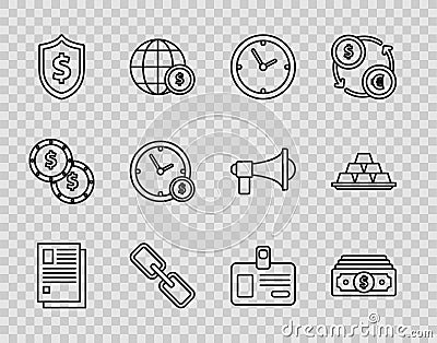 Set line File document, Stacks paper money cash, Clock, Chain link, Shield with dollar symbol, Time is, Identification Vector Illustration