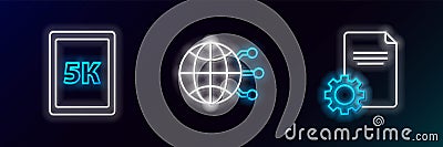 Set line File document, Tablet with text 5k and Global technology or social network icon. Glowing neon. Vector Vector Illustration