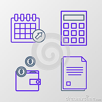 Set line File document, Wallet with coins, Calculator and Calendar icon. Vector Stock Photo