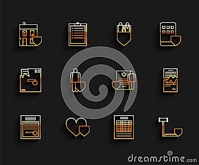 Set line Filled form, Heart with shield, House, Report file document, Judge gavel, Life insurance, Torn contract and Vector Illustration