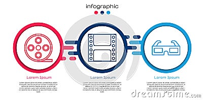 Set line Film reel, Play Video and 3D cinema glasses. Business infographic template. Vector Vector Illustration