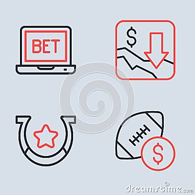 Set line Financial growth decrease, Horseshoe, American football betting money and Online sports icon. Vector Stock Photo