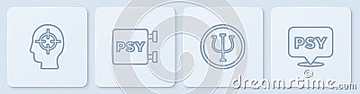 Set line Finding a problem, Psychology, Psi, and . White square button. Vector Vector Illustration
