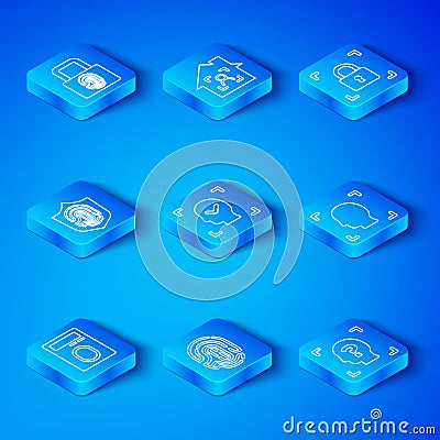 Set line Fingerprint with lock, Face recognition, shield, and icon. Vector Vector Illustration