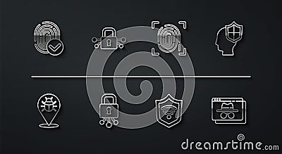 Set line Fingerprint, System bug, Head with shield, Shield WiFi wireless, Cyber security, Browser incognito window and Vector Illustration