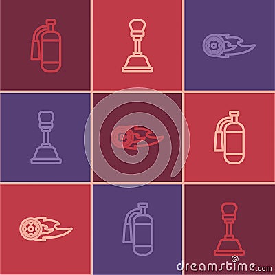 Set line Fire extinguisher, Wheel fire flame and Gear shifter icon. Vector Vector Illustration