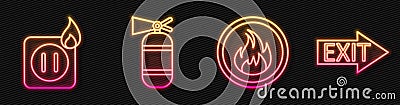 Set line Fire flame, Electric wiring of socket in fire, Fire extinguisher and Fire exit. Glowing neon icon. Vector Vector Illustration