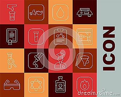 Set line Fire flame, Funnel or filter, Chemical online, Water drop, Test tube and flask, Certificate template, and Vector Illustration