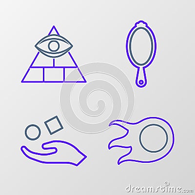 Set line Fireball, Cube levitating above hand, Magic mirror and Masons icon. Vector Vector Illustration