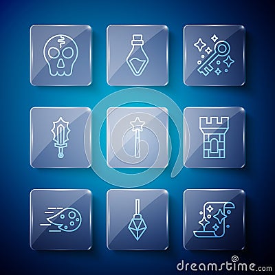 Set line Fireball, Magic stone, scroll, Old magic key, wand, sword in fire, Skull and Castle tower icon. Vector Vector Illustration