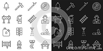 Set line Firefighter helmet, Cigarette, Metal pike pole, extinguisher, Road barrier, Ringing alarm bell and escape icon Vector Illustration