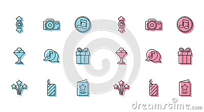 Set line Firework, rocket, Candy, Greeting card, Musical note speech bubble, Gift box, Ice cream bowl and Photo camera Vector Illustration