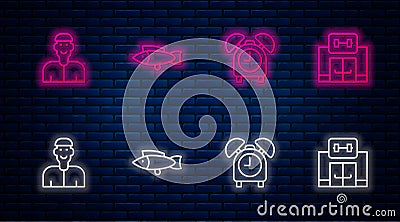 Set line Fish, Alarm clock, Positive thinking and Gym building. Glowing neon icon on brick wall. Vector Vector Illustration