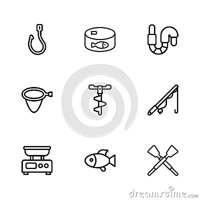 Set line Fish, Fishing rod, Crossed oars or paddles boat, Hand ice drill, Worm, hook, Canned fish and net icon. Vector Vector Illustration