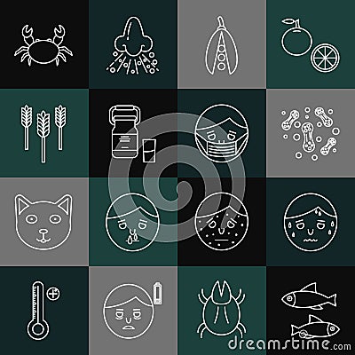 Set line Fish, Man with excessive sweating, Bacteria, Kidney beans, Can container for milk, Wheat, Crab and Face Vector Illustration