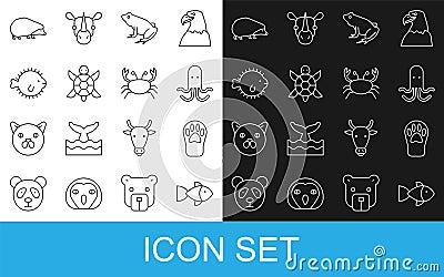 Set line Fish, Paw print, Octopus, Frog, Turtle, Puffer fish, Hedgehog and Crab icon. Vector Vector Illustration