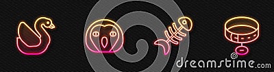 Set line Fish skeleton, Swan bird, Owl and Collar with name tag. Glowing neon icon. Vector Vector Illustration