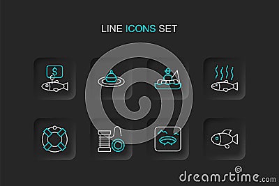 Set line Fish, Winter fishing, Spinning reel for, Lifebuoy, Dead, Fisherman boat, Fishing float water and Price tag icon Stock Photo