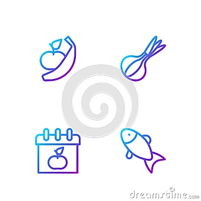 Set line Fish, World Vegetarian day, Apple and banana and Onion. Gradient color icons. Vector Vector Illustration