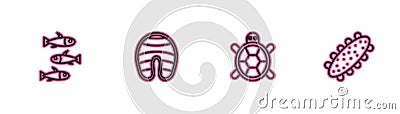 Set line Fishes, Turtle, steak and Sea cucumber icon. Vector Vector Illustration