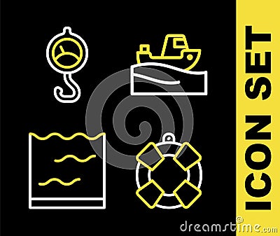 Set line Fishing boat on water, Lifebuoy, Aquarium and Spring scale icon. Vector Stock Photo