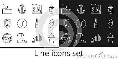 Set line Fishing bucket, lure, Aquarium, hook, Inflatable boat, float water, Bottle of vodka and Anchor icon. Vector Stock Photo