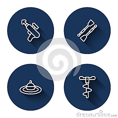 Set line Fishing harpoon, Oars or paddles boat, float water and Hand ice drill with long shadow. Blue circle button Stock Photo