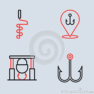 Set line Fishing hook, Campfire and pot, and Hand ice drill icon. Vector Vector Illustration