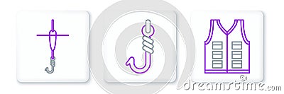 Set line Fishing jacket, hook and float and icon. Vector Vector Illustration