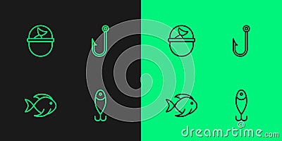 Set line Fishing lure, bucket with fish and hook icon. Vector Vector Illustration