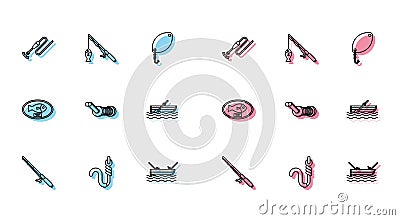 Set line Fishing rod, hook and worm, line with float, boat fishing on water, Spinning reel for, oars, trophy hanging the Vector Illustration