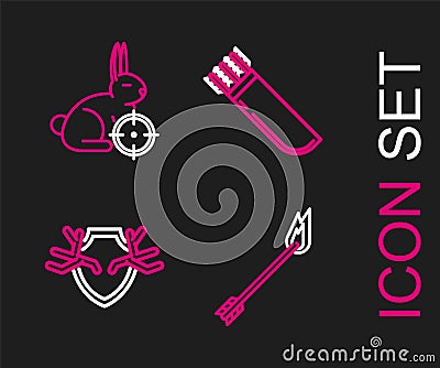 Set line Flame arrow, Deer antlers on shield, Quiver with arrows and Hunt rabbit crosshairs icon. Vector Stock Photo