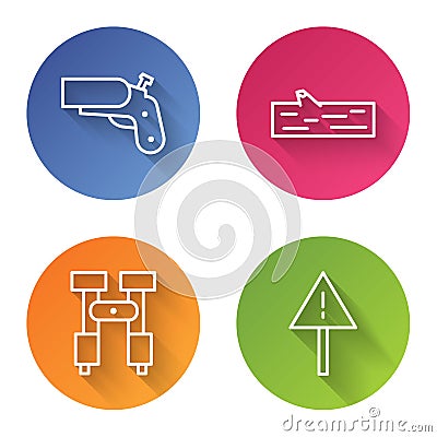 Set line Flare gun pistol, Wooden log, Binoculars and Exclamation mark in triangle. Color circle button. Vector Vector Illustration
