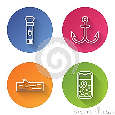 Set line Flashlight, Anchor, Wooden log and City map navigation. Color circle button. Vector Vector Illustration