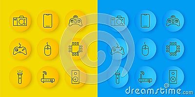 Set line Flashlight, Gamepad, Computer mouse, Stereo speaker, Processor with microcircuits CPU, Photo camera, Wireless Stock Photo
