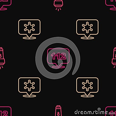 Set line Flashlight, Hexagram sheriff and Telephone call 112 on seamless pattern. Vector Vector Illustration