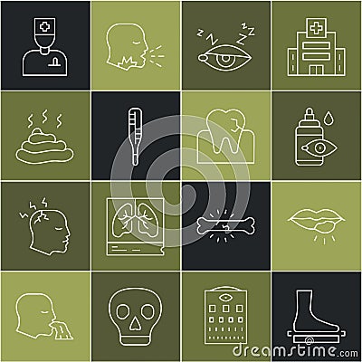 Set line Flat foot, Herpes lip, Eye drop bottle, Insomnia, Medical thermometer, Shit, Male doctor and Tooth with caries Vector Illustration