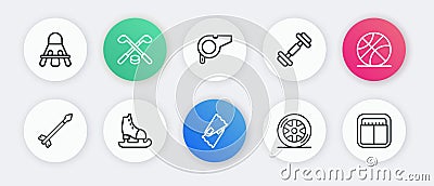 Set line Flippers for swimming, Basketball ball, Medieval arrows, Car wheel, Dumbbell, Whistle, Sport mechanical Vector Illustration