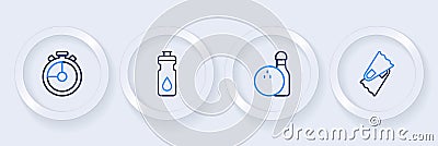 Set line Flippers for swimming, Bowling pin and ball, Fitness shaker and Stopwatch icon. Vector Vector Illustration