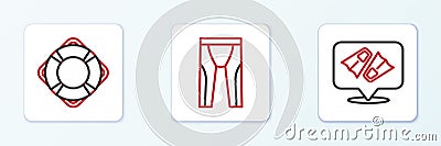 Set line Flippers for swimming, Lifebuoy and Wetsuit scuba diving icon. Vector Vector Illustration