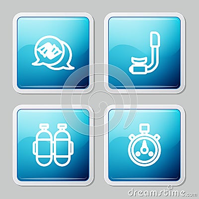 Set line Flippers for swimming, Snorkel, Aqualung and Stopwatch icon. Vector Vector Illustration