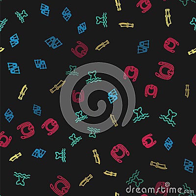 Set line Flippers for swimming, Whale tail, Diving knife and mask with snorkel on seamless pattern. Vector Vector Illustration