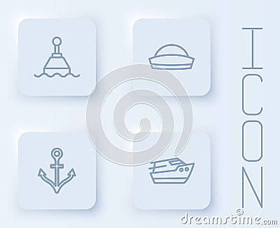 Set line Floating buoy, Sailor hat, Anchor and Speedboat. White square button. Vector Vector Illustration