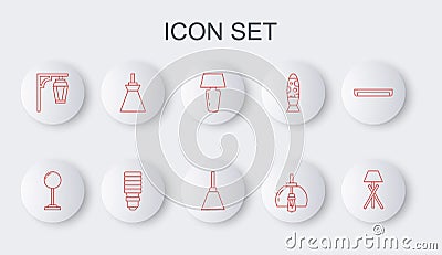Set line Floor lamp, Table, Chandelier, Vintage street light, Lamp hanging, LED bulb and icon. Vector Stock Photo