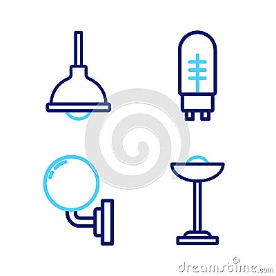 Set line Floor lamp, Wall sconce, Light emitting diode and Lamp hanging icon. Vector Vector Illustration